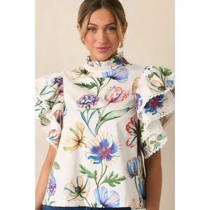 Prosperina Blair Ruffle Top Ivory Multi Floral High Neck Flutter Sleeve Small